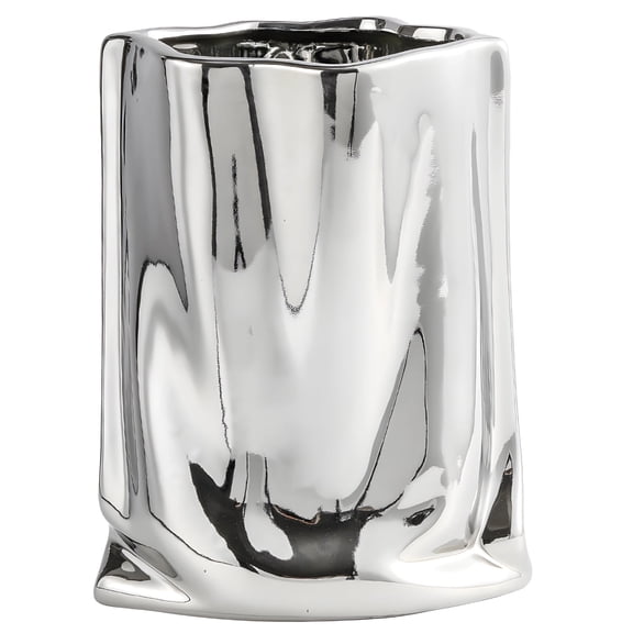 Small Silver Ceramic Vase with Pleated Design, 7.09 in Tall, Irregular Shape, Smooth Reflective Surface, Perfect for Home Decor, Offices, and Hotels
