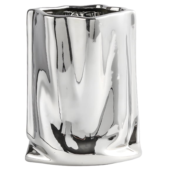 Small Silver Ceramic Vase with Pleated Design, 7.09 in Tall, Irregular Shape, Smooth Reflective Surface, Perfect for Home Decor, Offices, and Hotels