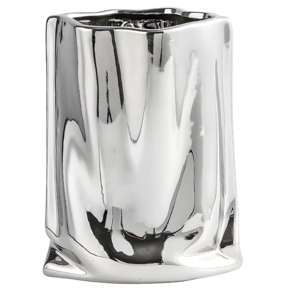 Small Silver Ceramic Vase with Pleated Design, 7.09 in Tall, Irregular Shape, Smooth Reflective Surface, Perfect for Home Decor, Offices, and Hotels