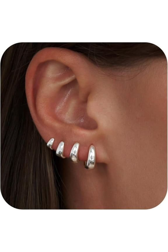 Small Silver Chunky Hoop Earrings Set for Women, Sterling Silver Huggie Earrings for Women Trendy, Hypoallergenic Cartilage Silver Hoop Earrings Set for Mulpitle Piercing Stack Jewelry