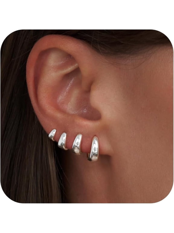 Small Silver Chunky Hoop Earrings Set for Women, Sterling Silver Huggie Earrings for Women Trendy, Hypoallergenic Cartilage Silver Hoop Earrings Set for Mulpitle Piercing Stack Jewelry