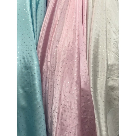 Small Silver Foil stars on soft shiny satin, 60" wide, sells by the yard, White