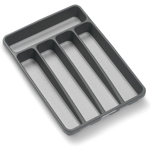 Small Silverware Tray, 5 Compartment Flatware Organizer for Forks, Knives & Spoons, Non Slip, Soft Grip Lining, Fits Small Drawers, Granite