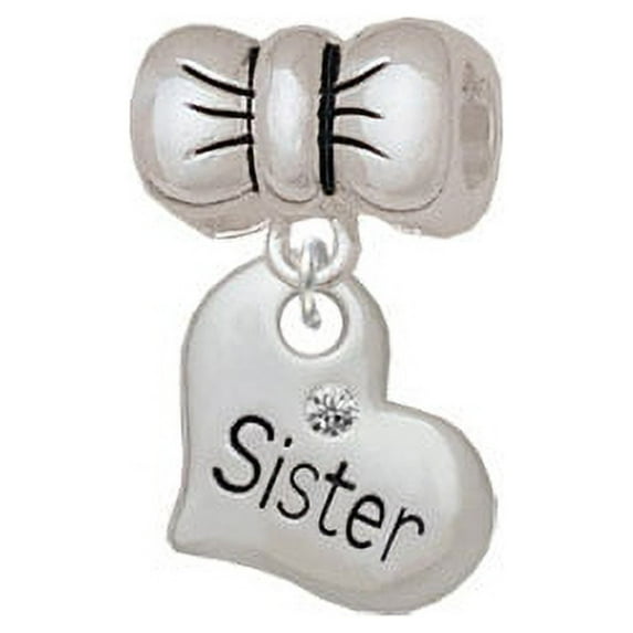 Small ''Sister'' Heart with Clear Crystal - Bow Charm Bead