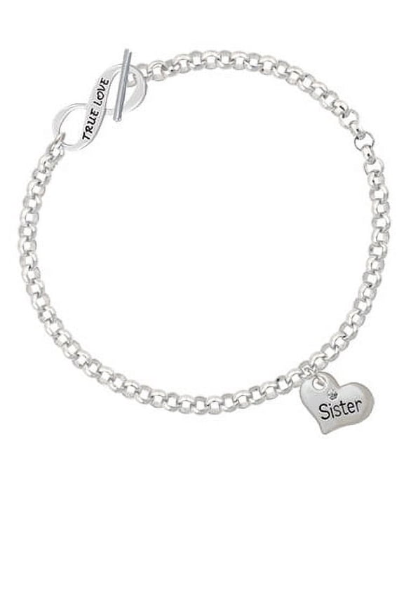 Small ''Sister'' Heart with Clear Crystal True Love Infinity Toggle Chain Bracelet