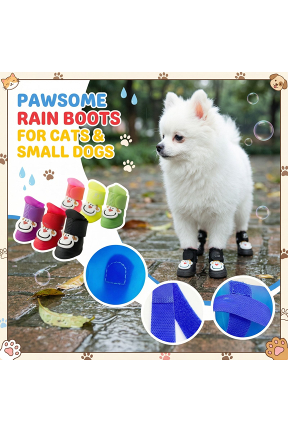 Small Size, 4-Count Pink Soft-Sole Pet Booties, Secure Non-Slip Waterproof Footwear with Adjustable Straps, for Small Dogs and Cats, Ideal for Outdoor Walking, Rainy Days, Muddy Te