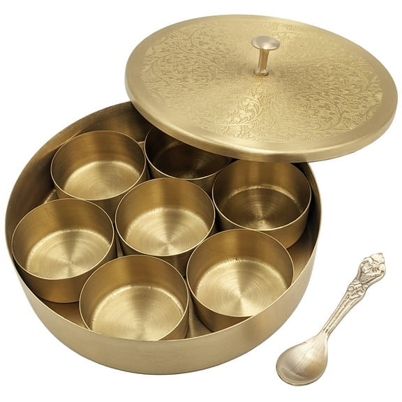 Small Size Brass (Gold Color, Floral Pattern) Round Masala Dabba Box with 7 Containers and Mini Spoon, Measures 6⅕-inches Wide x 1⅜-inches Tall