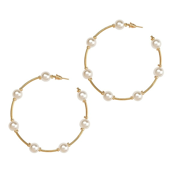 Small Size Large Hoops Alloy Earrings, Circle Pearl Dangle Earrings, Elegant Silver/Gold Jewelry For Wedding & Daily Wear