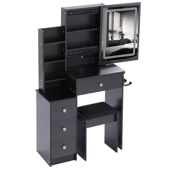 Small Size Left Bedside Cabinet Vanity Table + Cushioned Stool, 2 AC+2 USB Power Station, Hair dryer bracket, Extra Large Touch Control Sliding LED Mirror, Tri-color Switching, EPA,GCC,UL Certificate