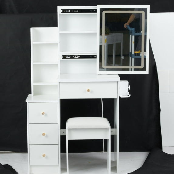 Small Size Left Bedside Cabinet Vanity Table+ Cushioned Stool,2 Ac+2 Usb Power Station,Hair Dryer Bracket,Extra Large Touch Control Sliding Led Mirror,Tri-Color Switching,Epa,Gcc,Ul Certificate,White