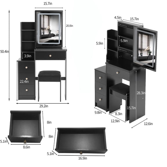 Small Size Left Bedside Cabinet Vanity Table + Cushioned Stool, Touch Control Sliding LED Mirror, Tri-color Switching, Brightness Adjust, Multi Layer, Suitable for Small Space, EPA,GCC,UL Certificate