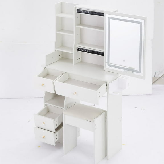 Small Size Left Drawer Desktop Vanity Table + Cushioned Stool, 2 AC+2 USB Power Station, Hair dryer bracket, Extra Large Touch Control Sliding LED Mirror, Tri-color Switching, EPA,GCC,UL Certificate