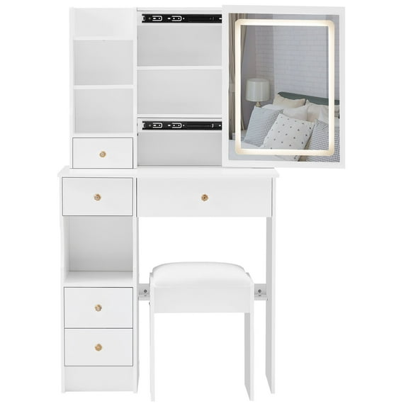 Small Size Left Drawer Desktop Vanity Table+ Cushioned Stool,Touch Control Sliding Led Mirror,Tri-Color Switching,Brightness Adjust,Multi Layer,Suitable for Small Space,Epa,Gcc,Ul Certificate,White