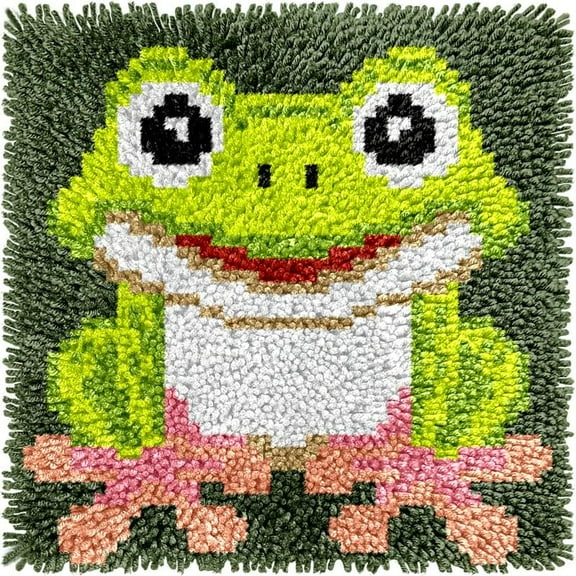 Small Size Mini Cartoon Frog Latch Hook Kits Rug DIY Cushion Tapestry Making Crochet Hook Mat Making Kits Color Preprinted Pattern Canvas DIY Carpet Needlework Crochet Cushion Kits 30x30cm