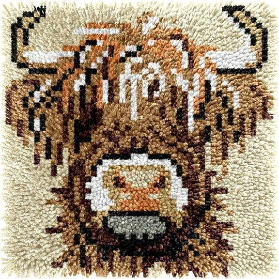 Small Size Mini Highland Cow Latch Hook Kits Rug DIY Cushion Tapestry Making Crochet Hook Mat Making Kits Color Preprinted Pattern Canvas DIY Carpet Needlework Crochet Cushion Kits 30x30cm