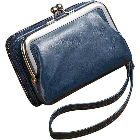 Small Size Vintage Wallet for Women, Pu Leather Elegant Change Pouch, Ladies Coin Purse Snap Closure with Zipper and Kiss Lock (Black)