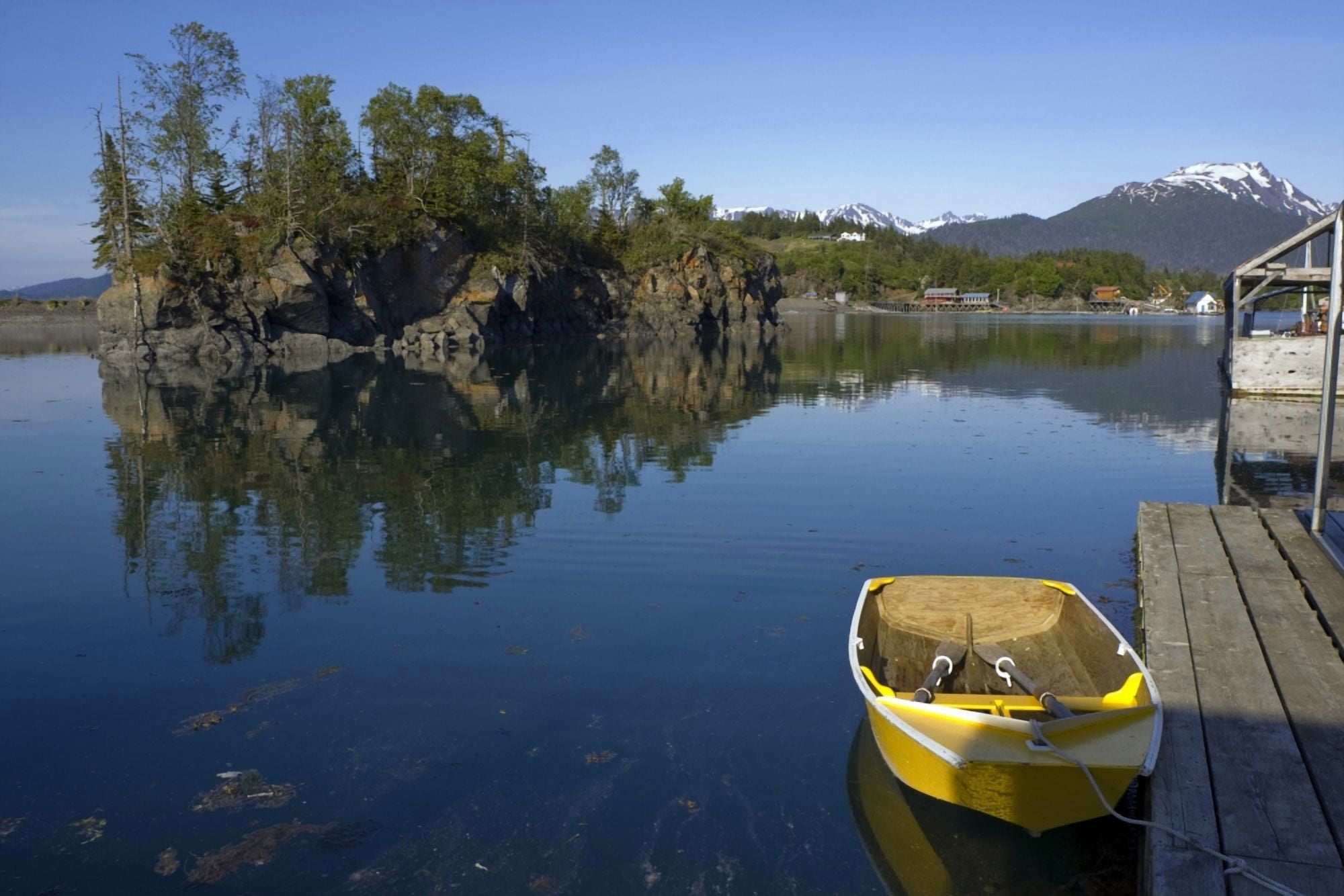Small Skiff Tied To Boat Dock At Halibut Cove Alaska In Summer Canvas Art - Don Pitcher Design Pics (17 x 11)