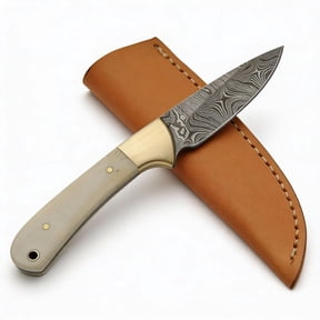 SANZ 7 Inch Damascus Skinner Knife With Bone Handle Full Tang Drop Point Blade And Sheath Outdoor Camping Utility Knife