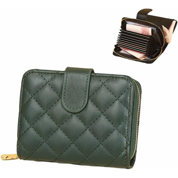 Small Slim Check Wallet Leather Coin Wallet with Zip Credit Card Holder and ID Card Window
