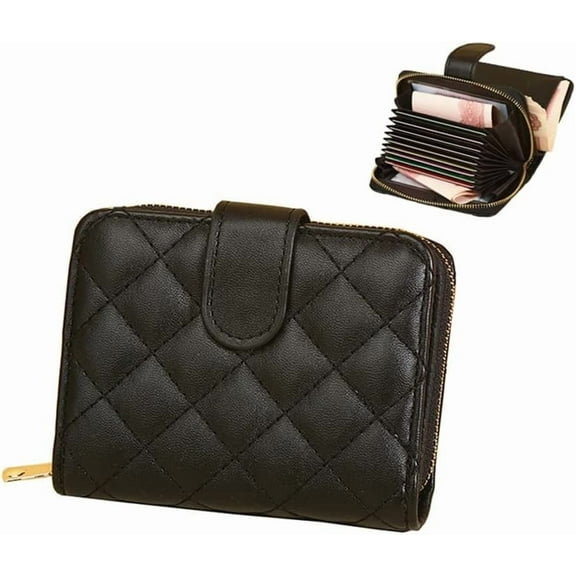 Small Slim Check Wallet Leather Coin Wallet with Zip Credit Card Holder and ID Card Window