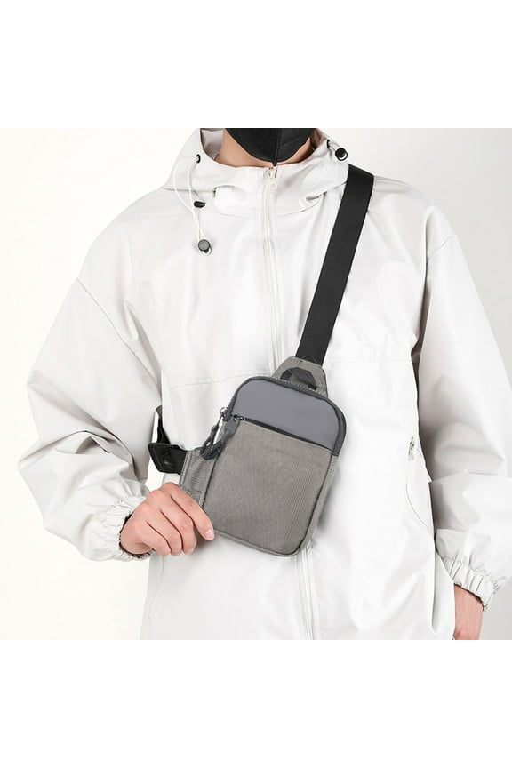 Small Sling Bag Crossbody Chest Purse, One Strap Travel Bag with Earphone Hole, Nylon Lightweight Pack for Men Women, Gray White