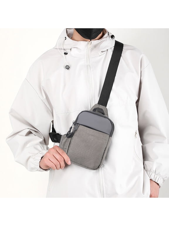 Small Sling Bag Crossbody Chest Purse, One Strap Travel Bag with Earphone Hole, Nylon Lightweight Pack for Men Women, Gray White