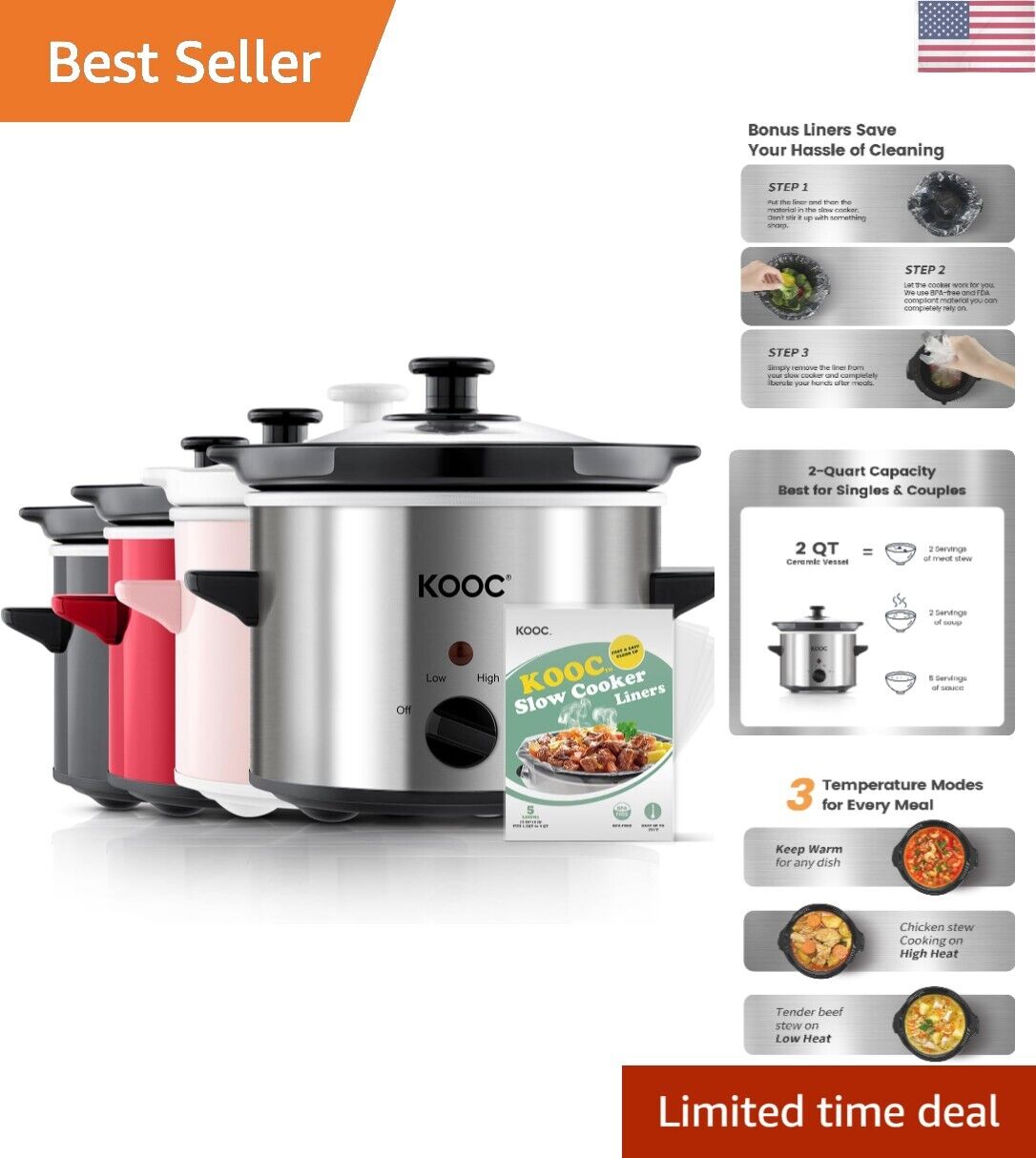 Small Slow Cooker, 2 Quart, Free Liners Included for Easy Cleanup