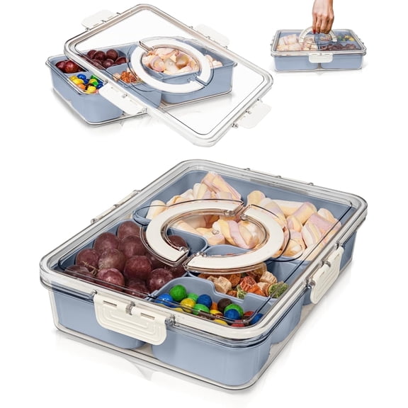 Small Snackle Box Container - Travel Snack Box Container - Snacklebox - Divided Serving Tray With Lid and Handle - Portable Snack Tray With Lid - Snackle Boxes 4 compartment Grey Blue
