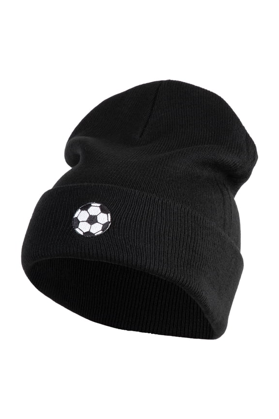 Small Soccer Ball Sports Iron on Patched 12 Inch Long Knitted Beanie - Black OSFM
