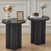 Small Sofa Side Table Set of 2, Fluted Accent Pedestal End Table, Wood Round Night Stand, Farmhouse Bed Side Table Drink Tables for Living Room, Small Spaces Black-2PCS
