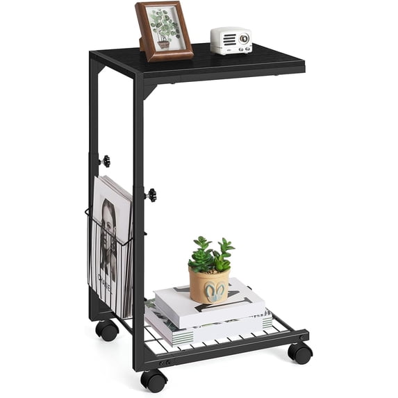 Small Sofa Table Adjustable Height C-Shaped Side Table with Wheels and Storage Basket