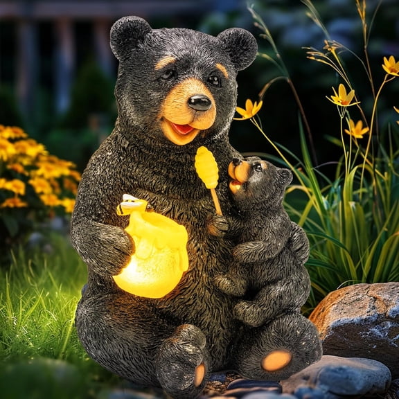 Small Solar Garden Statues Bears, Loving Black Bear Decor, Yard Decorations Outdoor, Bear Figurine Lights for Outside, Garden Decor Unique Birthday Housewarming Gifts for Women, Mom