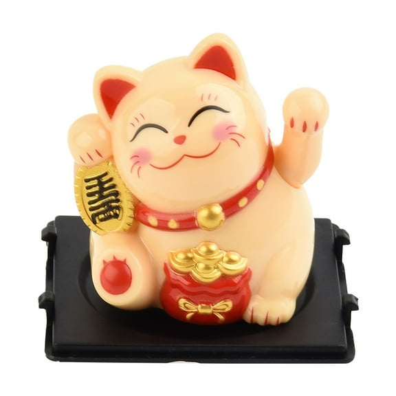 Small Solar Waving Cat, Japanese Maneki Neko, Cute White Beckoning Cat Welcoming Cat, Feng Shui Lucky Cats as Good Luck Decor for Home, Office, Car, Stores, Restaurants