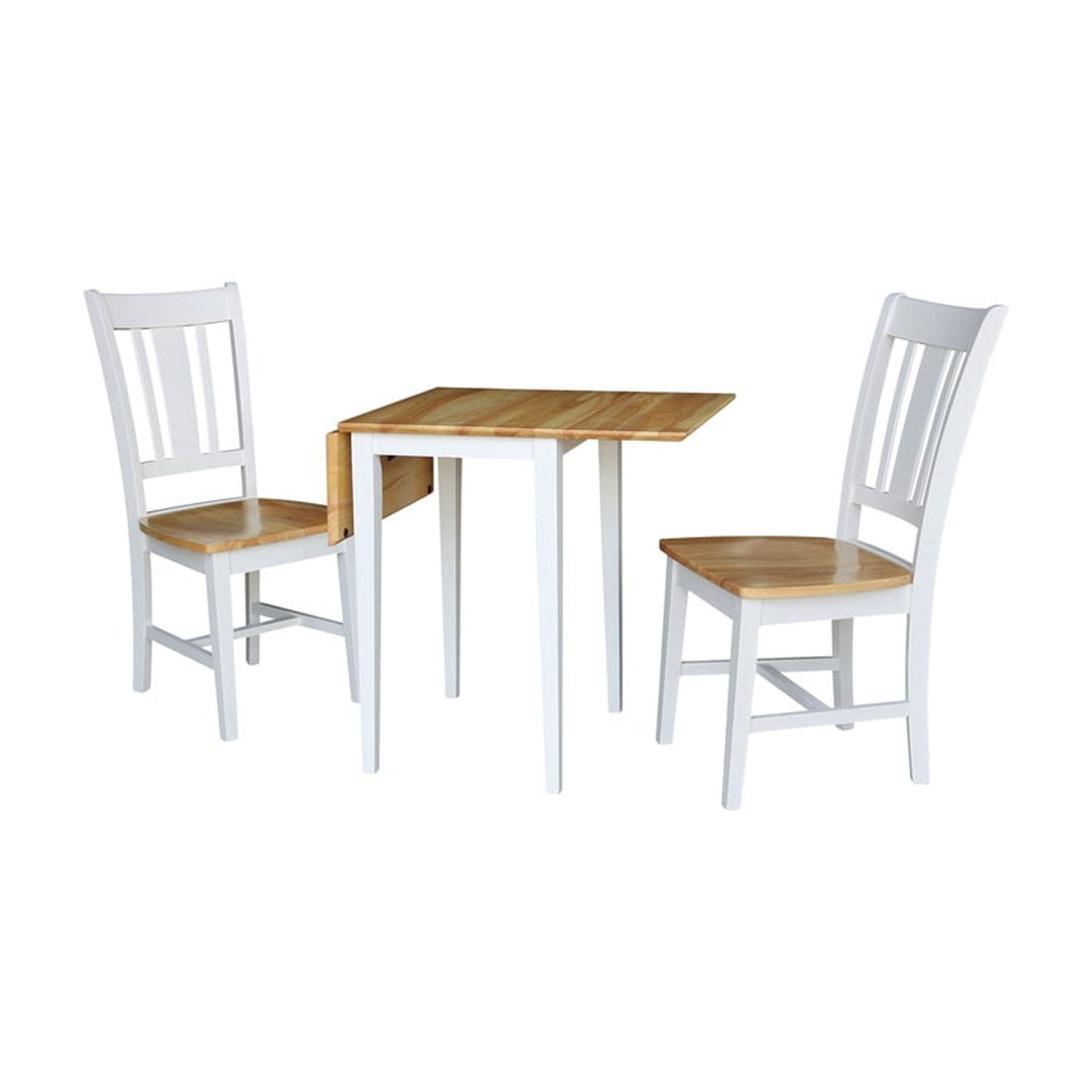 Elegant White/Natural Solid Parawood Dual Drop Leaf Table and 2 Chairs Set