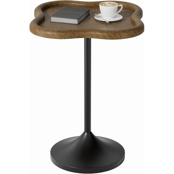 Small Solid Wood Pedestal Side Table, Walnut Drink Table for Small Spaces in Living Room or Bedroom