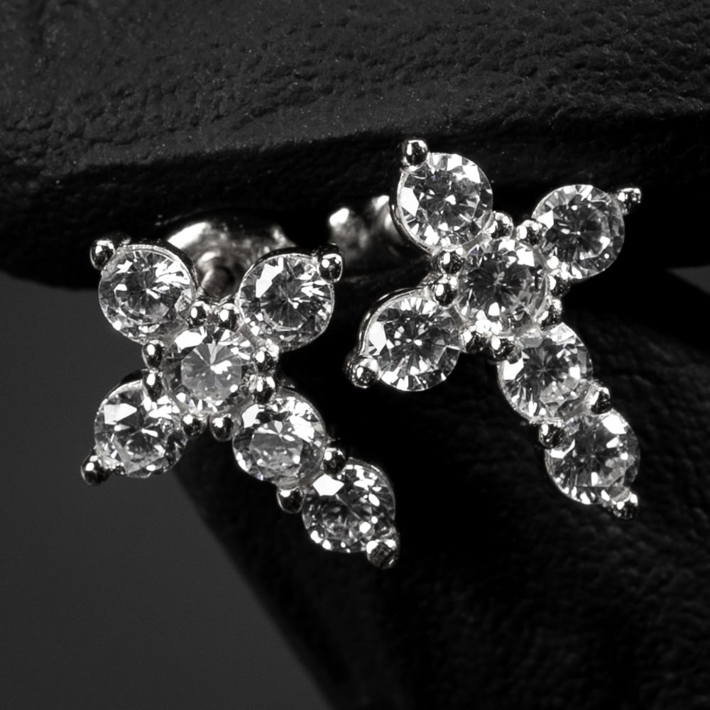 Small Solitaire Prong Set Iced 5A Cz Hip Hop White Gold Plated 925 Sterling Silver Screw Back Post Crucifix Gothic Cross Stud Earrings