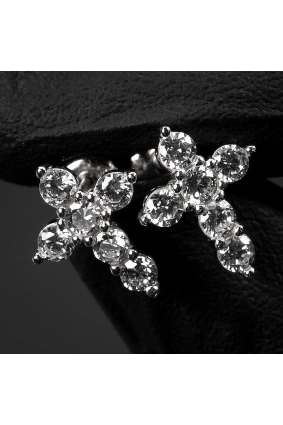 Small Solitaire Prong Set Iced 5A Cz Hip Hop White Gold Plated 925 Sterling Silver Screw Back Post Crucifix Gothic Cross Stud Earrings