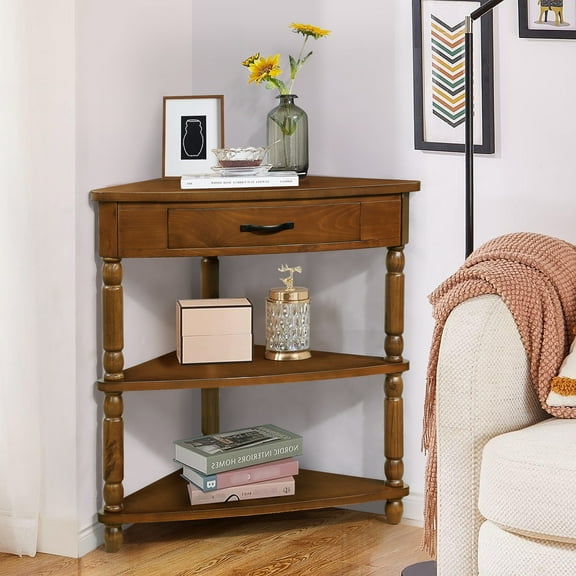 Small Space 33.8'' Triangle Corner Table, 3 Tier, Solid Wood Legs, Teal Gray Brown Tier Mole