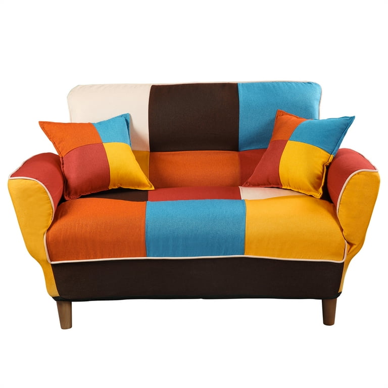 Small Space Colorful Convertible Futon Sofa Bed with 2 Pillows Upholstered Loveseat Sleeper Sofa Foldable Recliner Couch with Adjustable Armrest and