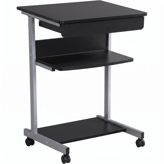 Small Space Computer Desk Cart on Wheels, Mobile Workstation with Drawers and Printer Shelf, Writing Table, Black