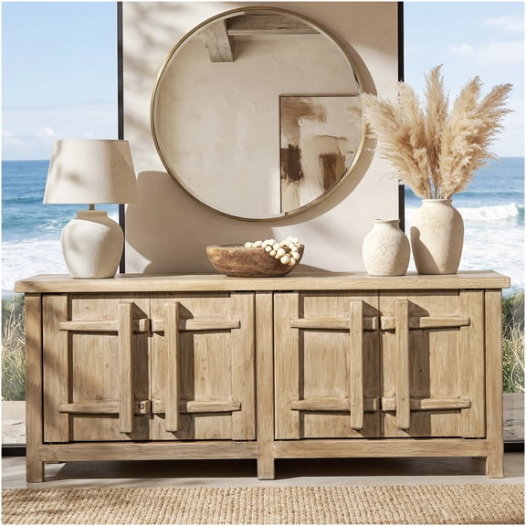 Small Space Dining Room Sideboard Cabinet with 4 Doors, Reclaimed Pine Wood, Natural Finish for Apartments and Condos