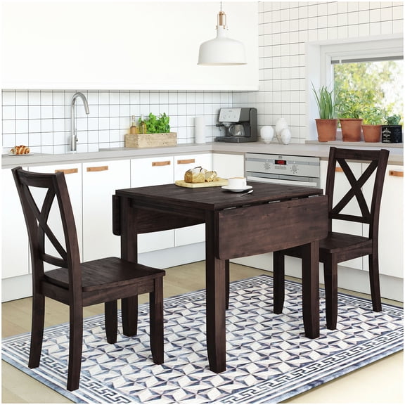 Small Space Dining Set: 47-inch Extendable Table with 2 Matching Chairs, Drop Leaf, Espresso Wood Finish for Kitchen Nook or Breakfast Corner