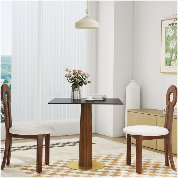 Small Space Dining Table for 2, 33.5" Square Sintered Stone Top Table with Gold Metal Base, Modern Kitchen Table for Apartments