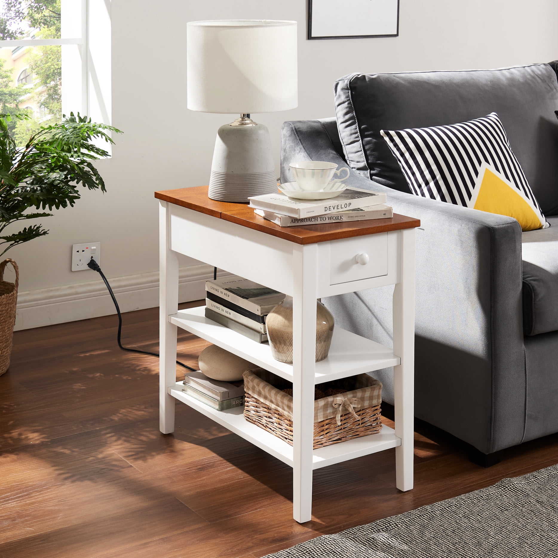Small Space End Table With Charging Feature - White And Walnut. Solid ...
