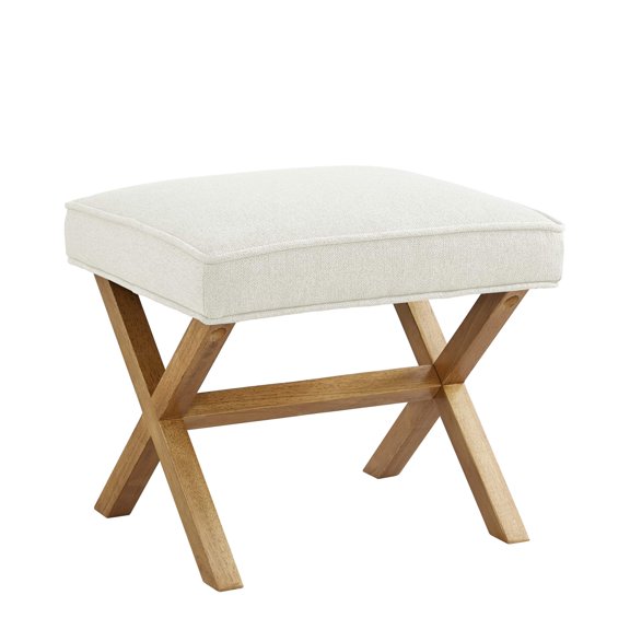 Small Space Friendly Upholstered Ottoman Bench,Mid-Century X-Square Ivory White Linen Foot Stool,Sturdy Support Comfort Padding for Bedroom Office and Apartment Use