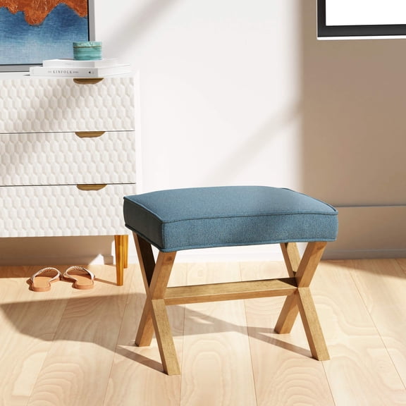 Small Space Friendly Upholstered Ottoman Bench，Mid-Century X-Square Ivory White Linen Foot Stool，Sturdy Support Comfort Padding for Bedroom Office and Apartment Use