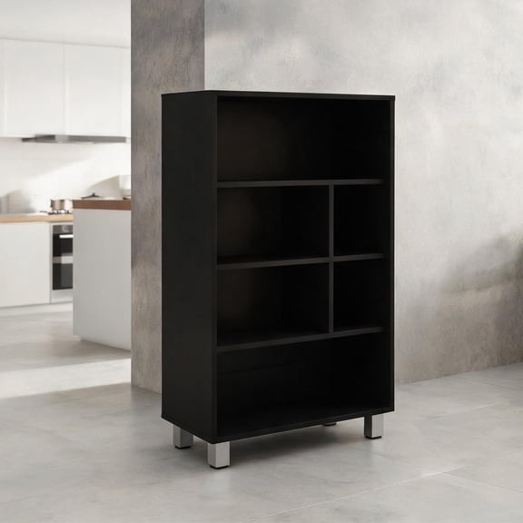 Small Space Indoor Storage Four-Tier Open Bookcase Cabinet Black-Toned Particle Board 40 Inch Tall
