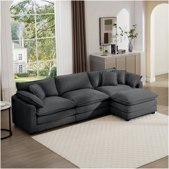 Small Space L-Shaped Sofa with Ottoman, Grey Corduroy 3-Seater Sectional Couch, Retro Modern Living Room Furniture