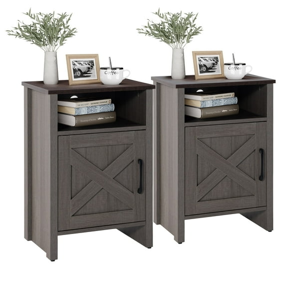 Small Space Living Farmhouse Nightstand Set of 2, Rustic Wood Side Table with Storage Shelf, End Table for Living Room Bedroom, Adult,Gray
