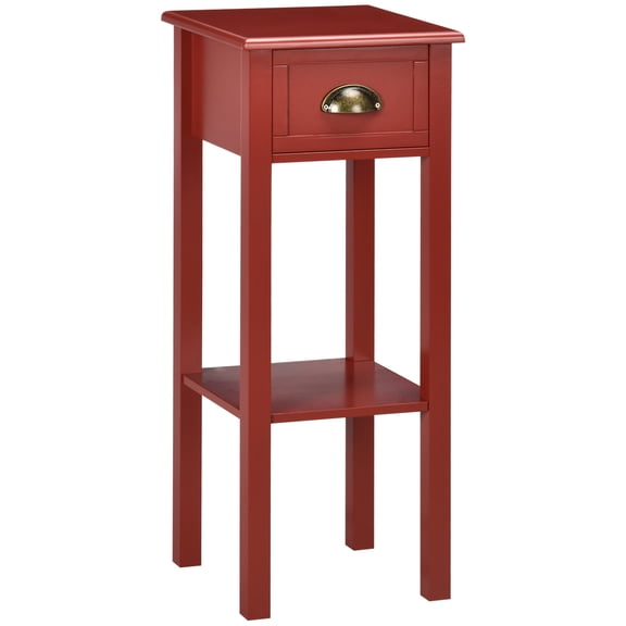 Small Space Living Redefined: 2-Tier Side Table with Drawer, Narrow End Table with Bottom Shelf for Living Room or Bedroom, Red MDF
